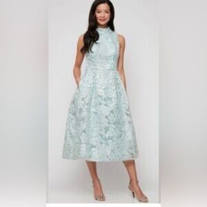 Alex Evenings Pale Blue Floral Jacquard High-Neck Midi with Pockets